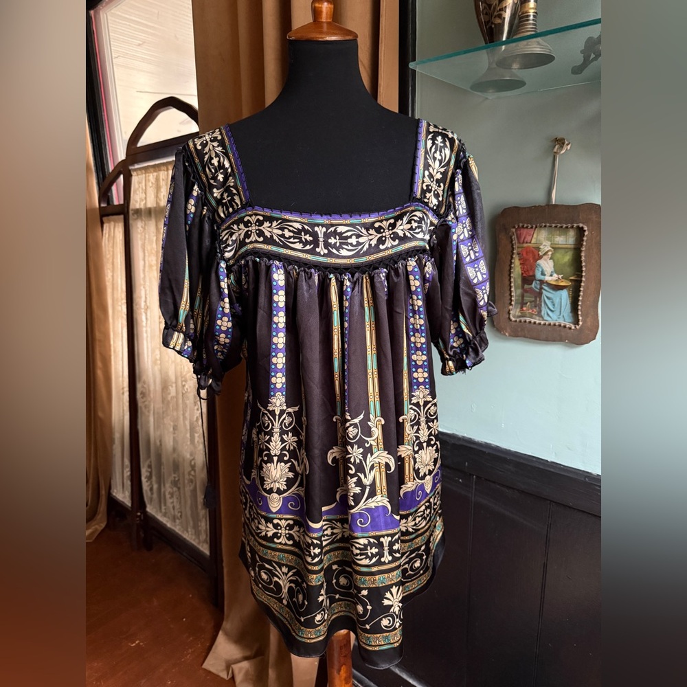 Lane Bryant Black Tunic with Purple & Gold Ornamental Print